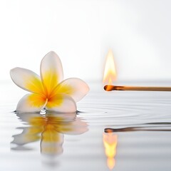 Frangipani flower floating on water with matchstick flame