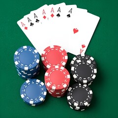 Five aces poker hand with chips on green background