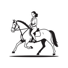 Black and white line art of a beautiful woman with perfect body riding horse elegant minimalist illustration