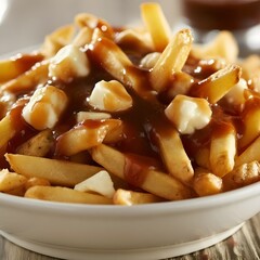 Poutine fries with cheese curds and gravy in a bowl