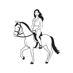 Black and white line art of a beautiful woman with perfect body riding horse elegant minimalist illustration