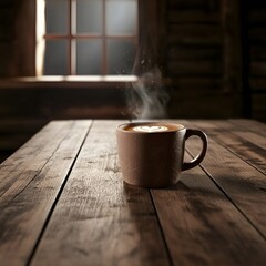 Hot coffee cup with steam on rustic wooden table in dimly lit room