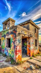 Naklejka premium Abandoned military outpost with worn stone walls and colorful graffiti covering the surfaces