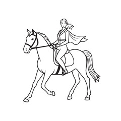 Black and white line art of a beautiful woman with perfect body riding horse elegant minimalist illustration