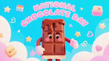A cute cartoon chocolate bar character waves cheerfully on a bright blue background with "National Chocolate Day" text, celebrating a sweet food holiday with a fun 3d illustration