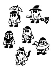 Edgy cartoon ghosts doing edgy things. All ghosts have style