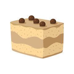 A rectangular layered dessert with five chocolate balls on top