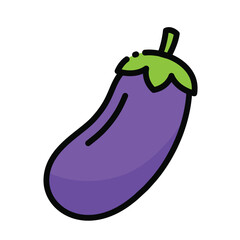 A purple eggplant with green leaves and stem