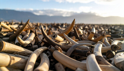 Image depicts vast collection of animal tusks scattered across landscape, with mountains and cloudy sky in background. scene evokes sense of environmental concern and impact of wildlife trade