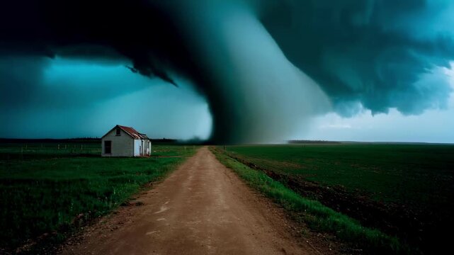 A massive tornado descends from a dark, stormy sky, threatening a small, isolated house on a rural road, symbolizing natural disasters, climate change, danger, and extreme weather