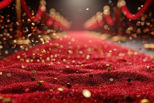 Luxurious red carpet event with shimmering confetti filling the scene in elegant venue setting