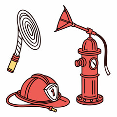 Vector art of firefighter equipment helmet, fire hydrant, and hose, essential tools for firefighting and rescue operations, symbolizing safety and emergency response