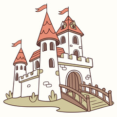 Obraz premium Vector art of a charming cartoon illustration of a medieval castle with towers, flags, and a bridge, evoking a sense of fairytale magic and adventure for childrens stories