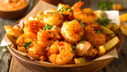 Crispy shrimp on french fries