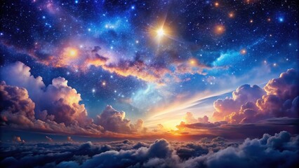Cosmic night sky with vibrant stars and fluffy clouds