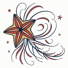 Vector art of a vibrant and whimsical tattoo design featuring a stylized starfish with red and yellow stripes, surrounded by swirling lines and small stars, creating a playful and nautical aesthetic