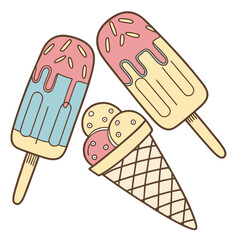 Illustration of ice cream cone and popsicles, perfect for summerthemed designs, childrens books, or foodrelated projects with a fun and playful touch