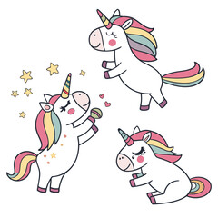 Vector art of three playful unicorns with rainbow manes and closed eyes, surrounded by stars and hearts, a whimsical and charming illustration for kids designs