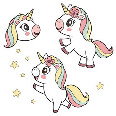 Vector art of three adorable unicorns with rainbow manes and flowers, surrounded by twinkling stars, a whimsical and charming illustration perfect for childrens designs