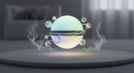 Futuristic glowing sphere with crystals and smoke in minimal interior