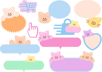 Pastel vector illustration of sale tags with cat for text, message, communication, speech, chat, dialogue, cartoon, comic, animal print, pet shop, name tag, sticker, online shopping, promotion, banner
