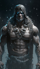 Fototapeta premium Portrait of a muscular barbarian warrior in armor and scars.