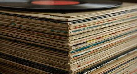 Vintage vinyl records stacked, evoking nostalgia and music culture with retro album covers