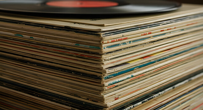 Vintage vinyl records stacked, evoking nostalgia and music culture with retro album covers