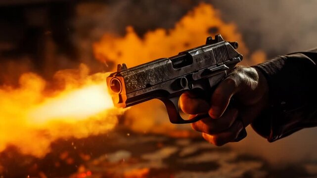 Pistol shooting with bright muzzle flash