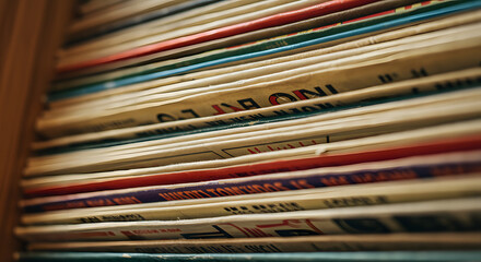 Vintage vinyl records collection, capturing nostalgia and musical history, perfect for design