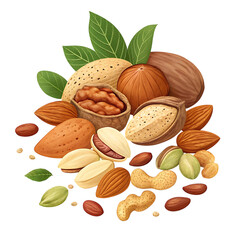 Assortment of healthy nuts and seeds isolated on transparent background