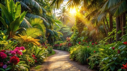 Obraz premium A winding dirt road traverses a sunlit path through a lush tropical garden with vibrant greenery and exotic flowers
