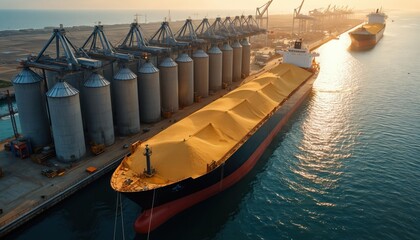 Aerial view cargo ship loading grain at port terminal during sunset. Massive silos, cranes, freighter represent global logistics, maritime industry, international trade. Bulk carrier transports