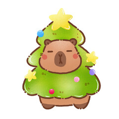 Cute capybara dressed as Christmas tree, adorned with colorful ornaments and stars, radiating festive cheer and joy