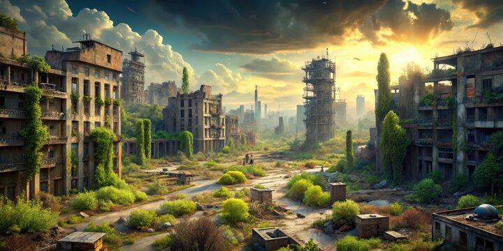 Ruins of a once bustling city with crumbling buildings and debris scattered everywhere