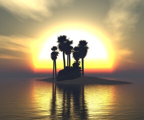 Beautiful sea landscape with an island with palm trees, a tropical island with palm trees in the middle of the ocean, 3d rendering