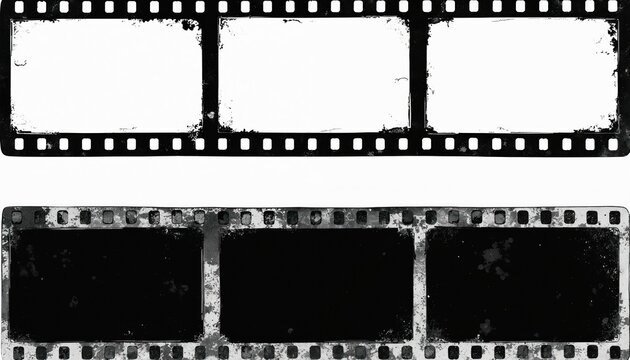 Grunge film strips with blank frames for text images. Old retro cinema movie strip illustration. Black, white analog format with worn edges, perforations. Perfect for vintage, historical creative