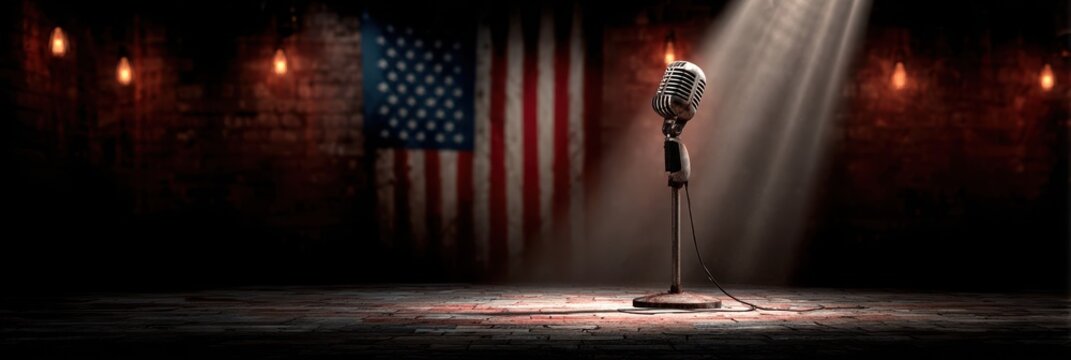 Vintage microphone illuminated in an intimate setting with American flag backdrop for live music performances