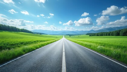 Fototapeta premium Asphalt road stretches into distance, framed by rich green fields under blue sky. White clouds float above. Journey through open landscape, travel adventure, scenic route, freedom. Peaceful escape