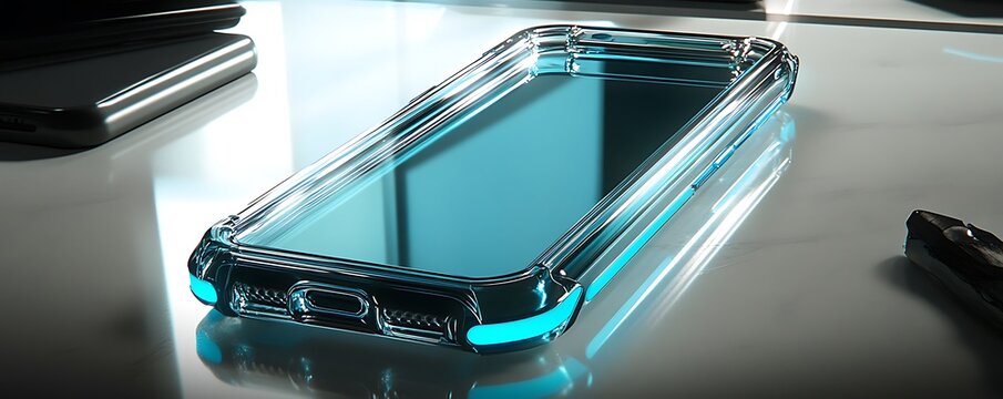 Modern transparent phone case with aqua LED edges on tech glass showroom