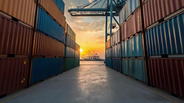 Colorful shipping containers stacked on both sides at a port, with a crane in the distance and a sunset sky.