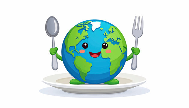 Vector graphic of a smiling Earth character on a plate with utensils, representing world hunger, sustainability, and global food day