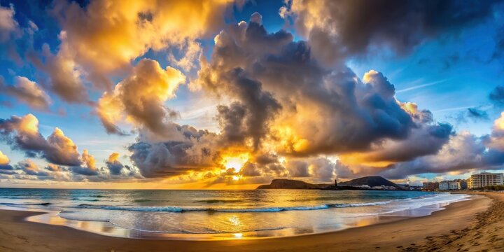 Barque anneau de nuages au coucher du soleil sur la plage de Las Canteras ? Las Palmas de Gran Canaria