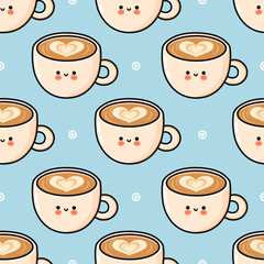Cute latte coffee cup character seamless pattern