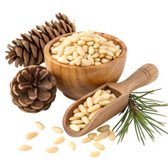 Wooden bowl and scoop filled with pine nuts and pine cones isolated on transparent background