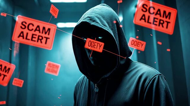 Hooded Hacker Surrounded by Scam Alert Warnings Depicting Cyber Fraud and Online Crime