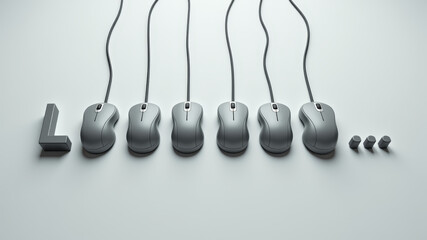Row of hanging computer mice spelling internet slang for long wait