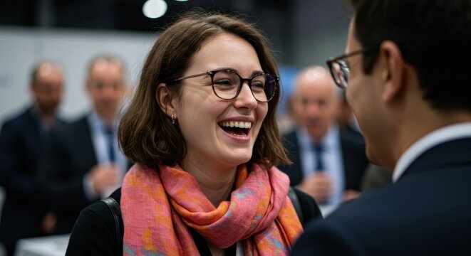 Smiling Woman at Business Event &ndash; Happy Participant at Startup Trade Show 