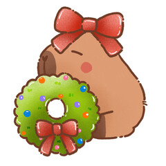 Cute capybara character with festive wreath and red bow, embodying joyful holiday spirit. Perfect for Christmas themed designs