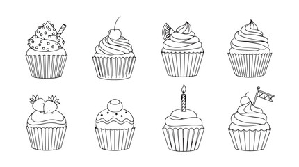 Delicious hand drawn cupcake illustrations various toppings perfect for sweet treats and celebrations silhouette